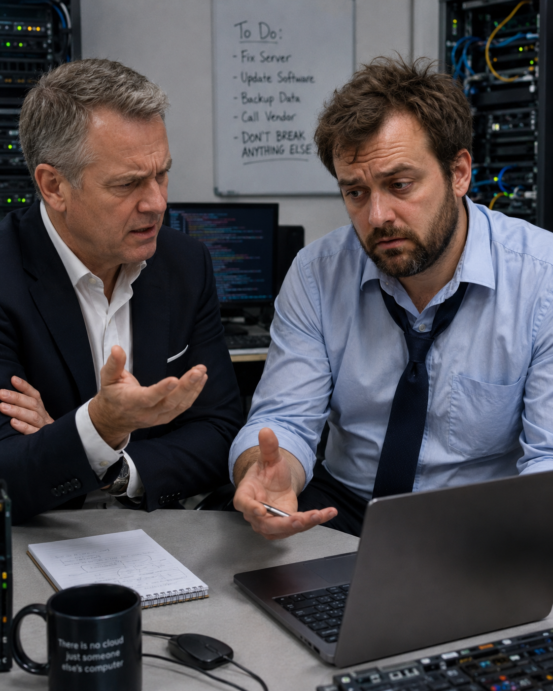 IT director and C-Suite executive having a very productive conversation in the server room
